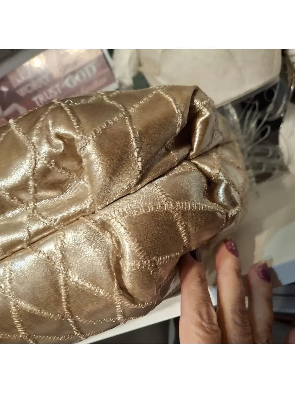 Via Spiga Gold Quilted Satin Shoulder  Bag Black Leather Strap